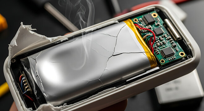 Close up of a damaged and swollen lithium-ion battery emitting smoke after failure inside a small white electronic device casing during repair