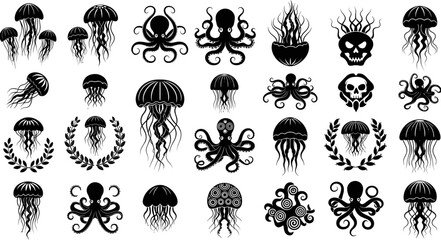 Collection of black silhouettes featuring various jellyfish and octopus species with intricate tentacles for nautical designs, marine illustrations, and patterns. © Ahsan