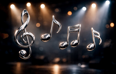 Various music notes floating against a blurred concert stage background with copy space for text