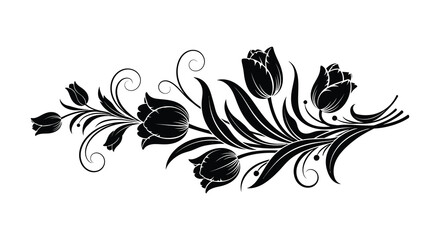 An elegant botanical arrangement features blooming tulips and swirling leaves depicted in a striking black silhouette high quality © jivect02