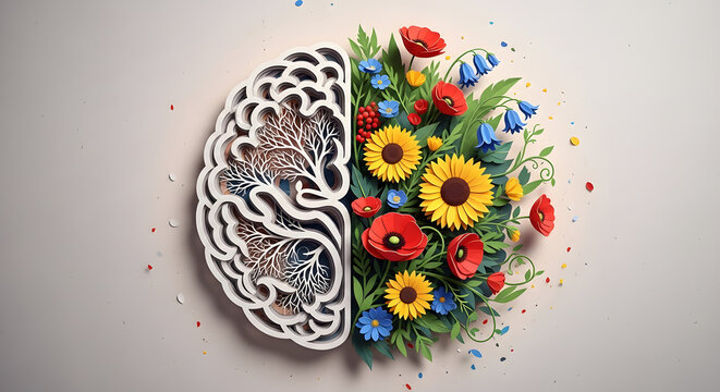 Creative mind blossoming with colorful flowers and greenery emerging from brain