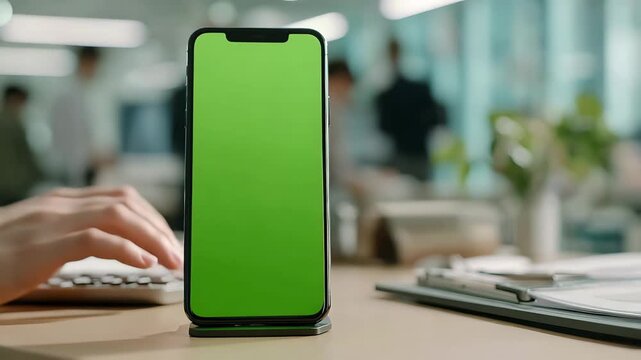 Modern smartphone with green screen on an office desk, ready for app or content display