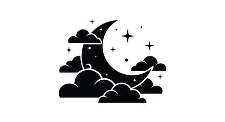 A black silhouette of a crescent moon peeks from behind fluffy clouds with twinkling stars above silhouette © jivect02