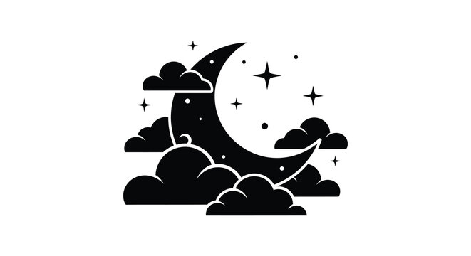 A black silhouette of a crescent moon peeks from behind fluffy clouds with twinkling stars above silhouette