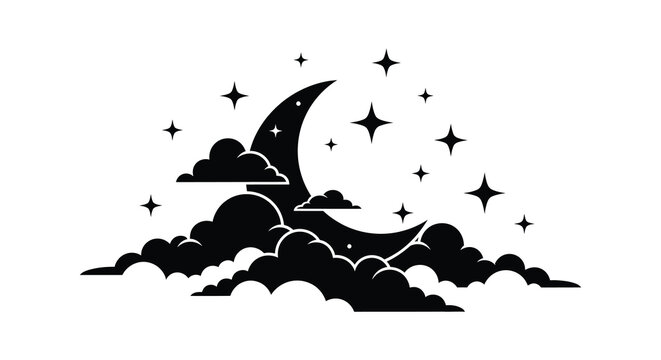 A dreamy nightscape featuring a crescent moon fluffy clouds and sparkling stars in a dark silhouette high quality