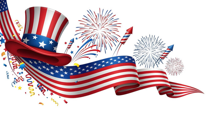 Vibrant american patriotic illustration with fireworks and uncle sams hat on transparent background