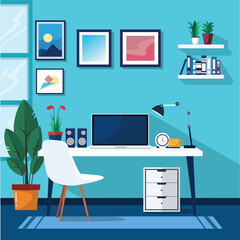 Modern Home Office Desk with Laptop, Lamp and Storage Drawers Flat Illustration