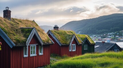 Obraz premium Charming Norwegian Turf-Roofed Houses by the Fjord