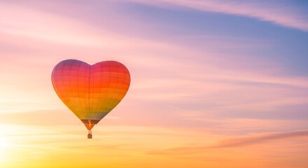 Obraz premium Heart-shaped hot air balloon floating at sunrise.