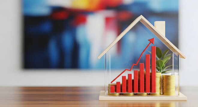 Rising housing market concept with growing graph and coins in miniature house
