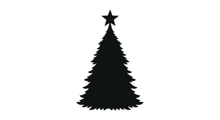 A striking black silhouette of a classic christmas tree topped with a shining star against a white background silhouette © jivect02