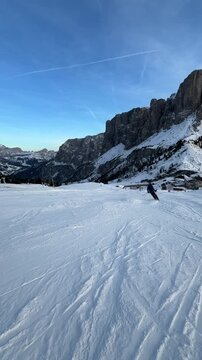 Skiing area in the Dolomites Alps. Overlooking the Sella group  in Val Gardena. Italy
