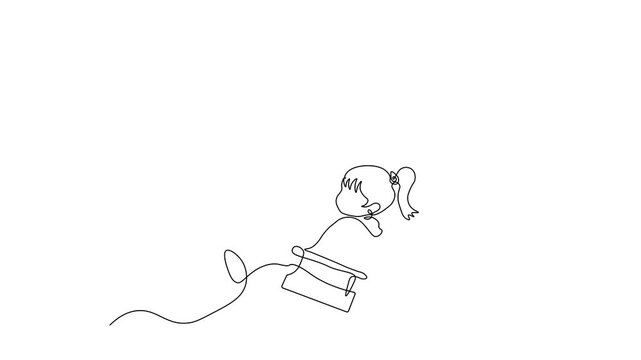 Abstract little girl riding on a rope baby swing , Self drawing animation one continuous line draw, logo on white background