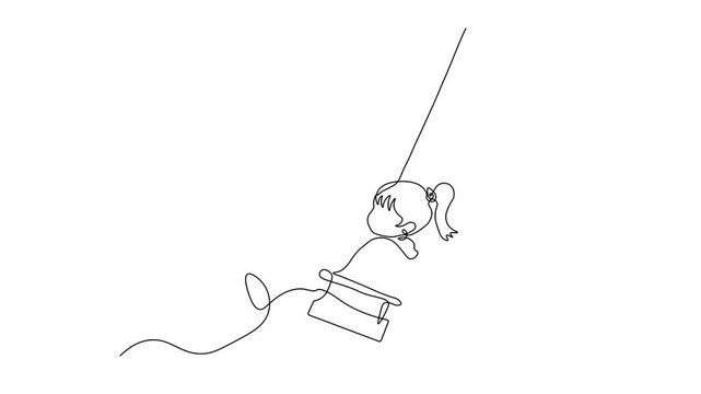 Abstract little girl riding on a rope baby swing , Self drawing animation one continuous line draw, logo on white background