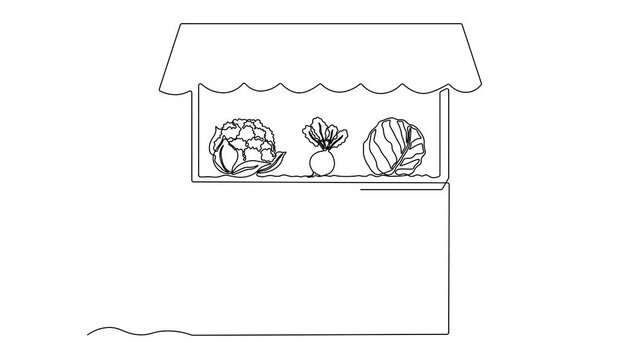 Abstract market shelf, counter with vegetables, cabbage,beetroot,cauliflower,broccoli,chili pepper,tomato, Self drawing animation one continuous line draw, logo on white background
