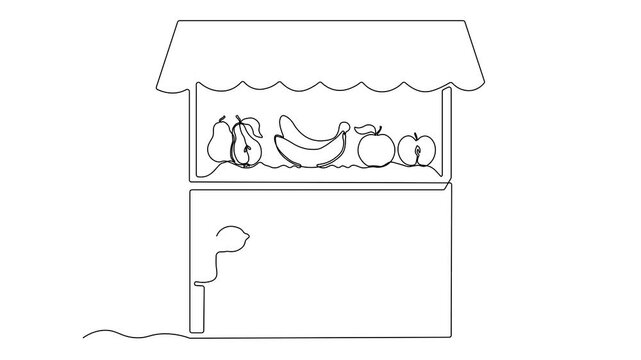 Abstract market shelf, counter with fruits, pear,banana,apple,lemon,pineapple,orange, Self drawing animation one continuous line draw, logo on white background