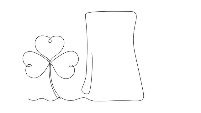leprechaun's beer mug and clover, St. Patrick's Day, Self drawing animation one continuous line draw, logo on white background