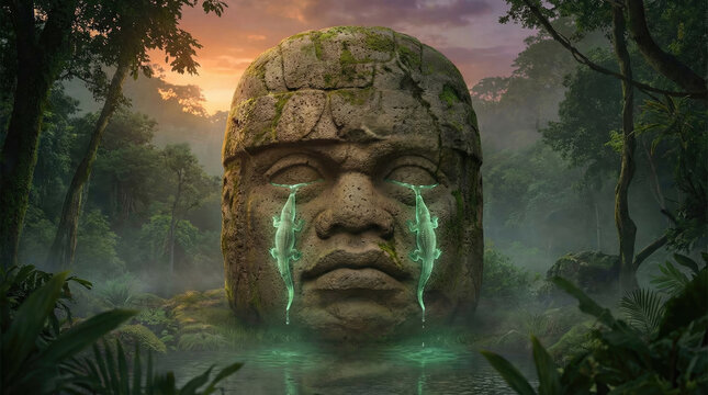 Ancient stone sculpture with glowing tears in lush jungle setting, evoking mystery and wonder