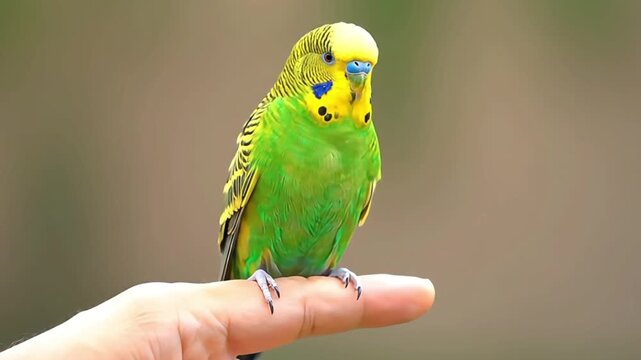 Green and Yellow Budgerigar Parakeet Sitting on Human Finger, Close-Up Pet Bird in Natural Light