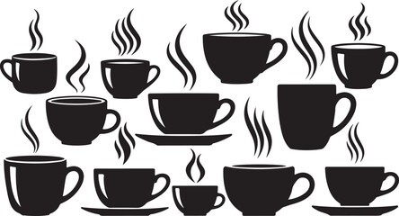 Obraz premium Black coffee cups with steam rising on white background