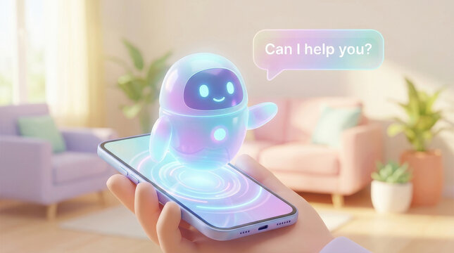 Friendly ai assistant hologram chatbot digital helper smartphone pastel cute robot technology virtual support service friendly ai assistant hologram chatbot digital helper smartphone pastel cute
