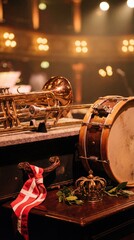 Trombone and drum with Danish flag and crown, symbolizing royal music