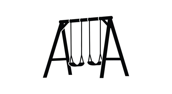A striking black and white image depicts a swing set with two swings creating a minimalist silhouette