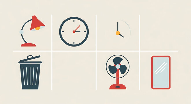 A comprehensive set of essential daily household and office objects presented as modern flat design icons, perfect for illustrating everyday concepts and tasks with clarity and simplicity