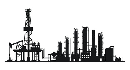 An industrial complex featuring an oil rig and refinery structures presented as a striking silhouette high quality professional © jivect02