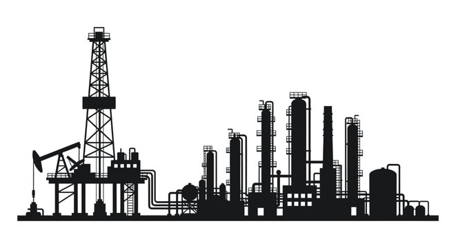An industrial complex featuring an oil rig and refinery structures presented as a striking silhouette high quality professional
