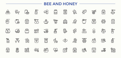 Bee And Honey linear icon set. Honeycomb icon set. Set of line pictogram. Contain linear symbols food, bee, natural, beehive, beeswax, farm, bees and more. Editable stroke. Vector illustration.