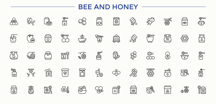 Bee And Honey linear icon set. Honeycomb icon set. Set of line pictogram. Contain linear symbols food, bee, natural, beehive, beeswax, farm, bees and more. Editable stroke. Vector illustration.