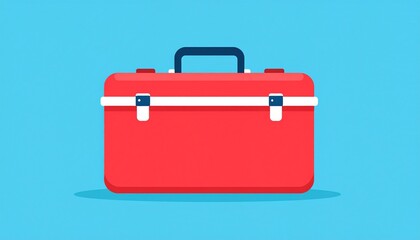 Red Toolbox on Blue Background, Flat Design, Professional Equipment Storage