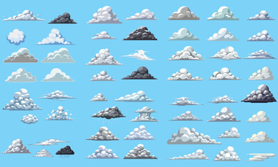 Fototapeta premium Massive Pixel Art Cloud Sprite Sheet Collection Featuring Various Fluffy White and Dark Storm Clouds for 2D Game design