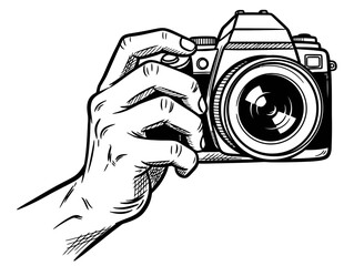 Hand holding a camera in a detailed black and white illustration from a close-up viewpoint