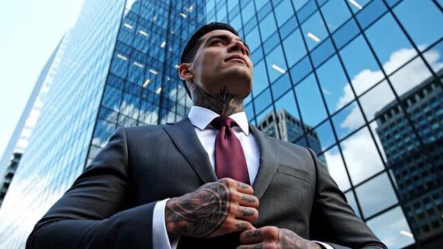 Tatuowany mezczyzna w garniturze patrzacy w g?re na nowoczesne budynki w miescie