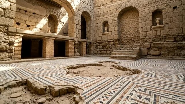 Ancient Roman Bathhouse Interior with Intricate Mosaic Flooring and Stone Arches.