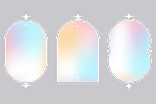 Aesthetic arched frames with stars and outline borders. Minimal modern shapes. Geometric templates with fluid gradient for poster and banner design. Vector set