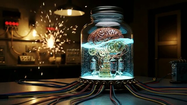 Steampunk Brain in a Jar with Wires and Sparks.