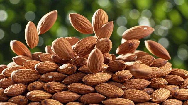 Fresh raw almonds falling onto a large pile with a blurred green background, healthy snack and ingredient