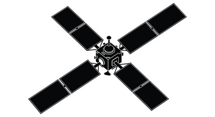A detailed black graphic presents a spacecraft with extended solar panels emphasizing its technical design silhouette high quality © jivect02