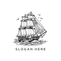 Vintage Tall Ship Sailing on Wavy Ocean Waters.