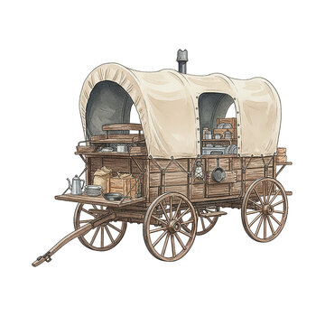 Vintage wooden chuck wagon with canvas cover and cooking supplies for frontier travel exploration