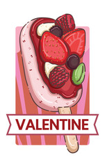 Valentine's Day Berry Ice Cream Bar Illustration - Kawaii Frozen Dessert with Strawberry and Raspberry Toppings