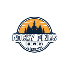 Rocky Pines Brewery Logo Design with Pine Trees and Sunset.