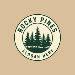 Vintage Rocky Pines Emblem with Evergreen Trees and Circular Text.