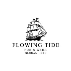 Vintage Tall Ship Sailing on the Ocean with Flowing Tide Pub and Grill Logo.