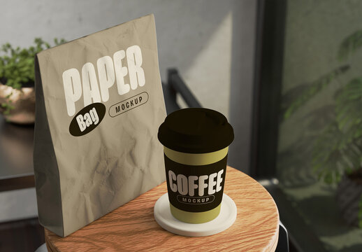 Paper Bag with Cup Mockup