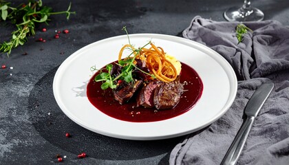 Gourmet Sliced Venison Steak with Red Wine Reduction and Crispy Onion Garnish
