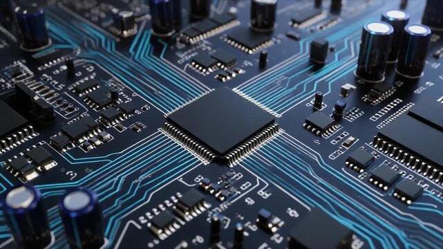 Close-up of microchip on circuit board with electronic components